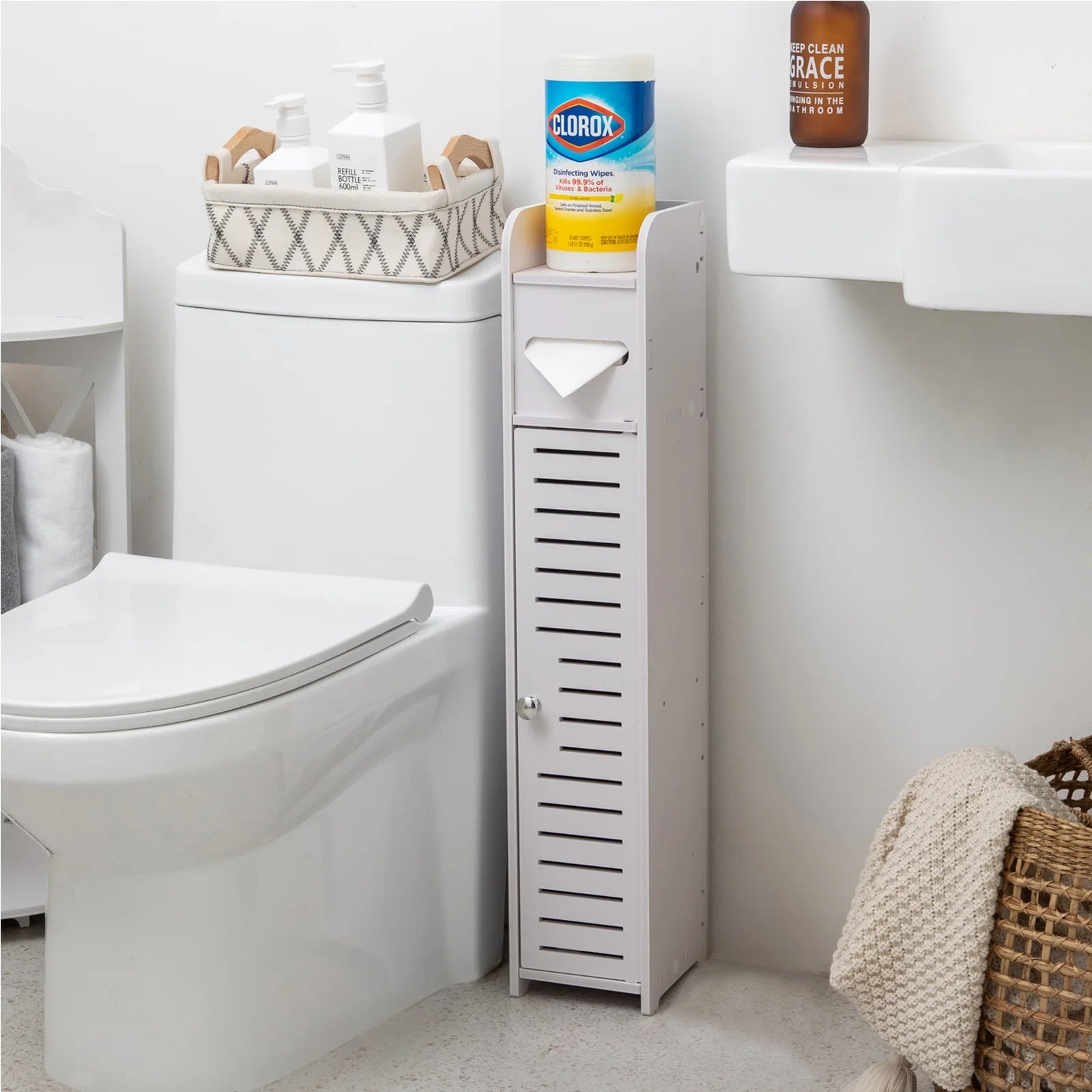Toilet Paper Holder Stand,Small Bathroom Storage Cabinet for Toilet Paper Storage, Toilet Paper Stand Waterproof for Small Spaces,White by