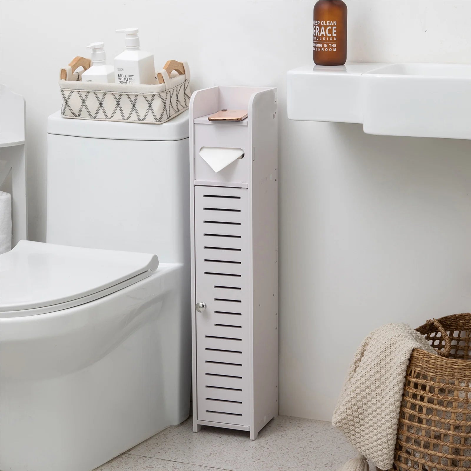Toilet Paper Holder Stand,Small Bathroom Storage Cabinet for Toilet Paper Storage, Toilet Paper Stand Waterproof for Small Spaces,White by