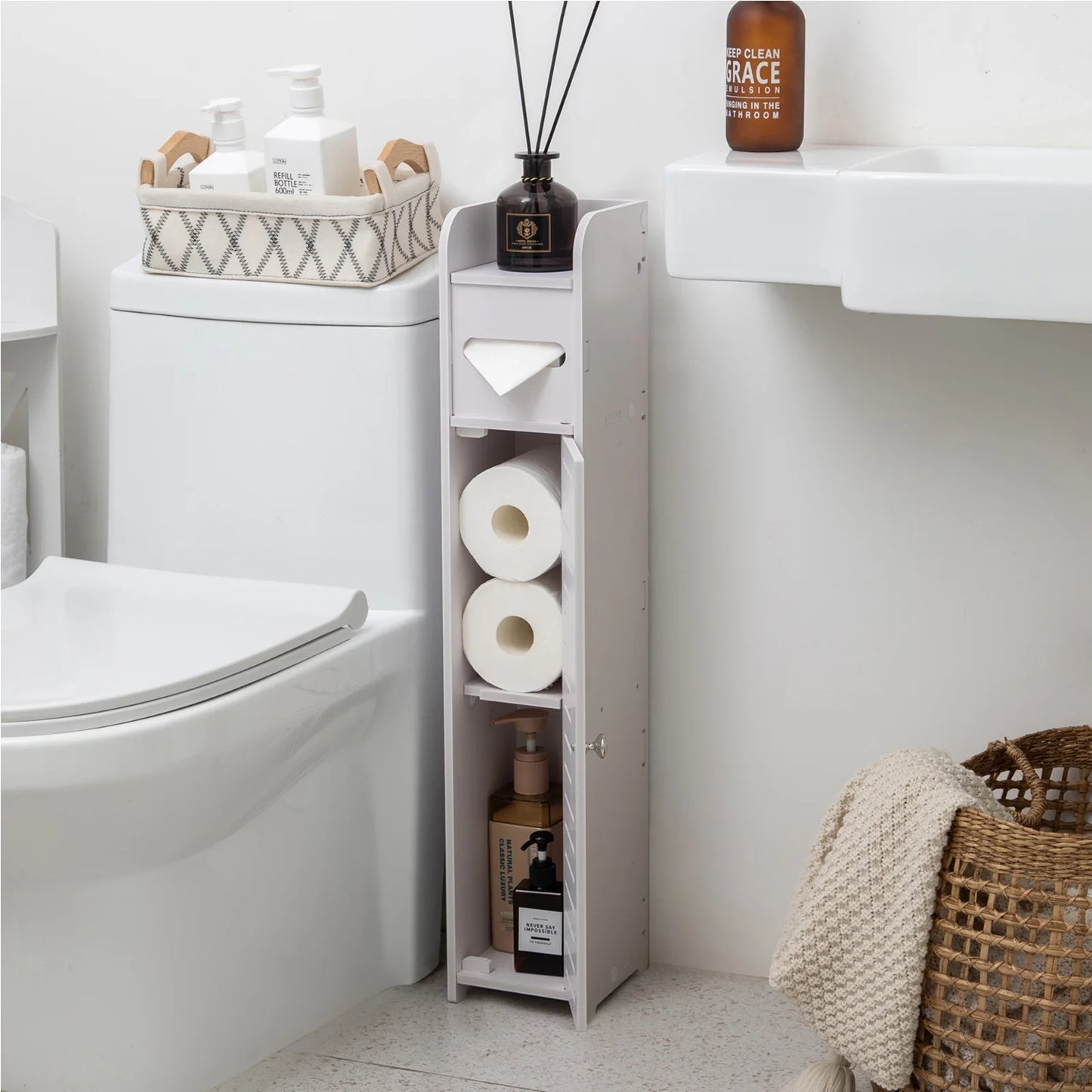 Toilet Paper Holder Stand,Small Bathroom Storage Cabinet for Toilet Paper Storage, Toilet Paper Stand Waterproof for Small Spaces,White by